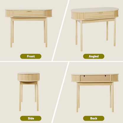 Fluted Small Computer Desk with Drawer, 40 Inch Mid-Century Modern Writing Desk with Solid Wood Legs,Compact Study Table for Small Spaces, Home Office, Bedroom,Natural - color: Natural
