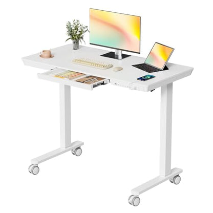 40" Electric Stand up Desk with Drawer, Height Adjustable - color: White Wood-top, size: 40"