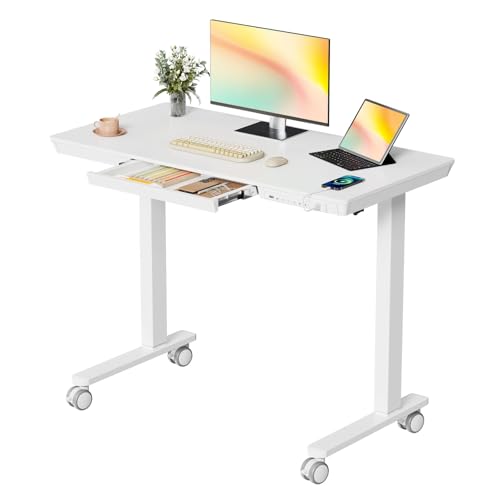 40" Electric Stand up Desk with Drawer, Height Adjustable - color: White Wood-top, size: 40"