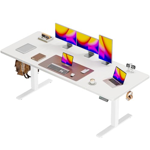 Huuger 71 x 30 Large Electric Standing Desk, Height Adjustable Computer Desk, 29.5" Deep Desktop, Stand up Gaming Office Table with 2 Hooks, 3 Preset Heights, for Home Office, White - color: White, size: 71*30 inch (no outlets)