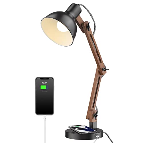 ELYONA Modern Sapele Wood Desk Lamp with Upgraded Wireless Charger & USB C Charging Port Swing Arm Table Lamp Bedside Reading Task Light for Dorm Office Bedroom Living Room LED Bulb Included Black - color: Upgrate Black