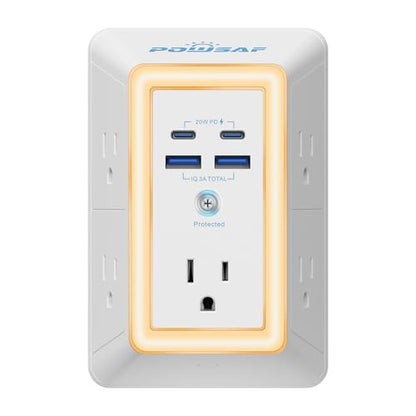 Multi Plug Outlet Surge Protector - POWSAF 5 Outlet Extender with 4 USB Ports(2 USB-C PD 20W) and Night Light, 3-Sided Power Strip with Adapter Spaced Outlets - ETL, White