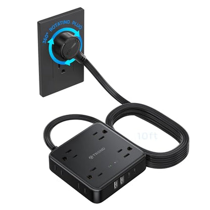 TROND 360° Rotating Flat Plug Power Strip 10ft, 8 AC & 4 USB (2U2C), Black - color: Black, size: 10FT, style: Rotating Plug-2U2C