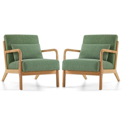 Mid Century Modern Accent Chair Set of 2, Upholstered Chair for Living Room, Accent Chair with Lumbar Pillow Solid Wood Frame Reading Chair Armchair for Bedroom Small Spaces, Green - color: Green