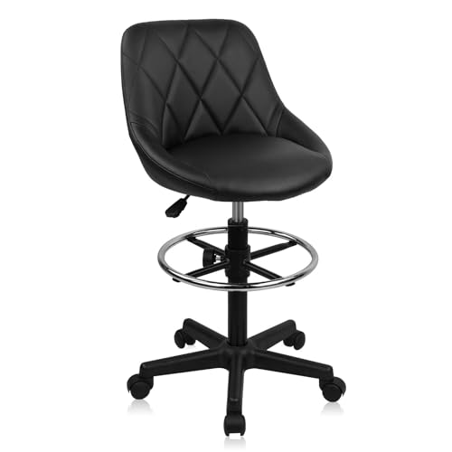 KLASIKA Drafting Chair with Backrest and Wheels, Adjustable Footrest Height Rolling Stool, PU Leather Tall Swivel Chairs Work Shop Office Desk Stools for Home Work Shop Kitchen Bar - color: Black-footrest, size: 1PK