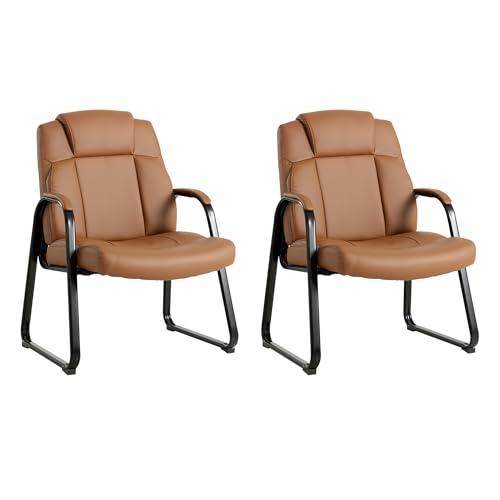 Okeysen Big & Tall Waiting Room Chairs Set of 2, PU Leather Reception Guest Chair with Padded Arm Rest, Office Desk Chair with Sled Base No Wheels, for Office Meeting, Conference Room, Lobby, 500lb - color: Brown, size: Set of 2
