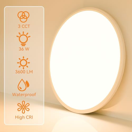 1PACK LED Flush Mount Ceiling Light Fixture, 3000K-4500K-6000K & 150W Equivalent Modern Kitchen Recessed Ceiling Lamp 36W 3600Lm 16 Inch Closet Round Surface for Bathroom Laundry Bedroom Hallway - color: White, size: 16Inch-1Pack