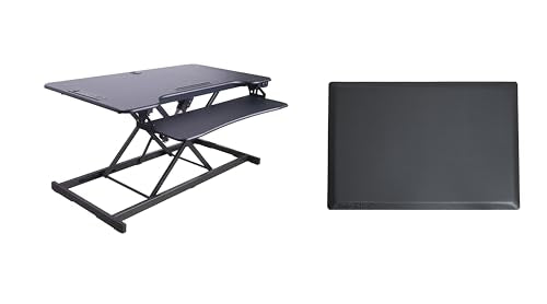 Rocelco 46" Electric Standing Desk Converter with AC Outlet USB Charger and Anti-Fatigue Floor Mat - Motorized Adjustable Sit Stand Riser - Tabletop Workstation Keyboard Tray - Black (R EDRB-46-MAFM) - color: Black, size: 46", style: Riser + Floor Mat