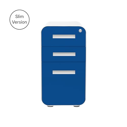 Laura Davidson Furniture Stockpile Slim 3-Drawer Mobile File Cabinet with Lock - Under Desk Metal Filing Cabinet, Legal/Letter File Folders, Wheels and Stationary Feet, Pre-Assembled, Blue Faceplate - color: Blue Faceplate