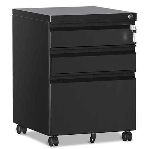 RAVIGIN 3 Drawer File Cabinet，Mobile Filing Cabinet with Lock and Wheels，Un-Assembled Metal Under Desk File Cabinets for A4/Letter/Legal Size（Black - color: Black, style: 3 Drawer-Un-Assembled