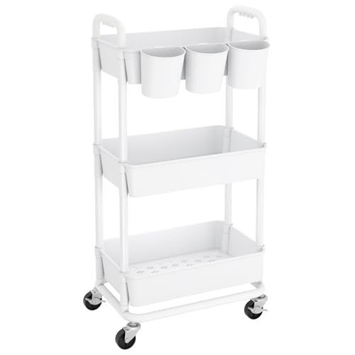 3-Tier Plastic Rolling Storage Cart Utility Cart with Extra Hanging Cups Handles Lockable Wheels for Living Room Bathroom Kitchen Office White | Utility Cart with Extra Hanging Cups Arc-Shaped Handles Lockable Wheels for Living Room Bathroom Kitchen Offic