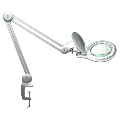 LED Magnifying Lamp with Clamp, 5 Inch Magnifier Glass Lens, Metal Swing Arm Dimming 1200 Lumens Lighted Magnifying Desk Lamp for Crafts, Bright 60PCS LEDs - 2.25X Magnification(Silver) - color: Silver