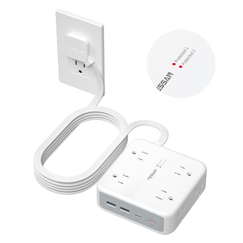 TESSAN Dual Surge Protector Power Strip, 10 Ft Extension Cord Flat Plug | 4 USB (2 USB C) 8 Outlets, 2100J Surge Protection, 20W Multiple Charging Station for Home, Office, Dorm Room, Grey - color: White, size: 10 FT