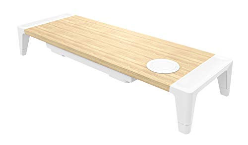 Bostitch Office Wooden Monitor Stand with Wireless Charging Pad, Drawer for Storage, Adjustable Height Riser Includes Removable Non-Skid Rubber Feet - Wood Grain and White (STND-2408WH) - style: Wood-Grain Riser