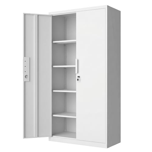 Tall Steel Garage Storage Cabinet with Lock, 71" H Heavy Duty Metal Storage Locker with 4 Adjustable Shelves for Home, Office, White - color: White, size: 70.86"H * 31.49"W * 16.53"D
