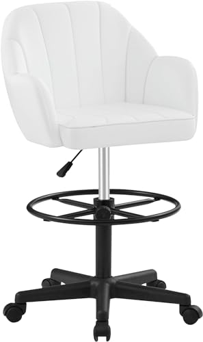 VECELO Home Office Desk Chair with Height Adjustable Seat and Footrest Ergonomic PU Standing Swivel Stool with Back and Arm