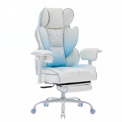 Comfy Office Desk Chair, White‑Blue Aesthetic Chair with Footrest - color: White/Blue