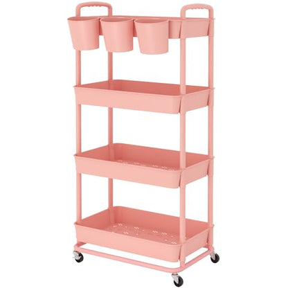 4-Tier Plastic Rolling Storage Cart Utility Cart with Extra Hanging Cups Handles Lockable Wheels for Living Room Bathroom Kitchen Office Pink | Utility Cart with Extra Hanging Cups Arc-Shaped Handles Lockable Wheels for Living Room Bathroom Kitchen Office