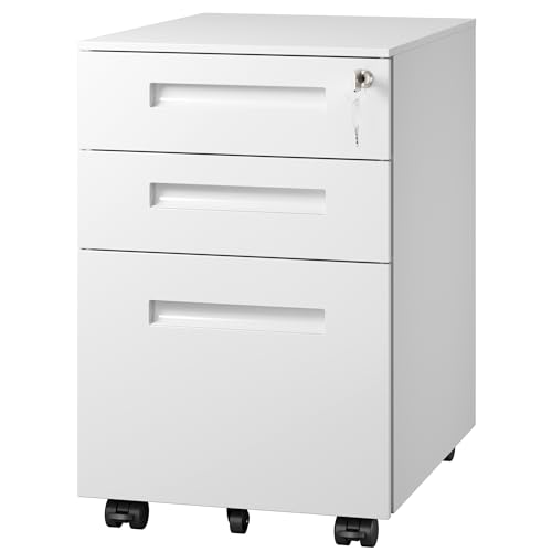 DEVAISE 3 Drawer File Cabinet with Lock, Fully Assembled Except Casters | Under Desk Metal Filing Cabinet with Wheels for Home Office, Printer Stand fits Letter/Legal/A4 Size, White - color: White, size: Thickened Steel 20" D x 15" W x 24" H