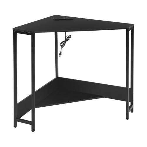 Corner Desk Triangle, Triangle Corner Desk with Outlet, Computer Table with Storage Shelf, Black, Space Saving, for Home Office, Dorm, Small Spaces