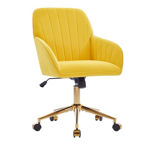 YITAI Velvet Office Desk Chair with Wheels and Gold Base,Modern Height Adjustable 360 Degree Swivel Upholstered Vanity Chairs with Arms for Living Room Bedroom, Study,Yellow - color: Gold Yellow