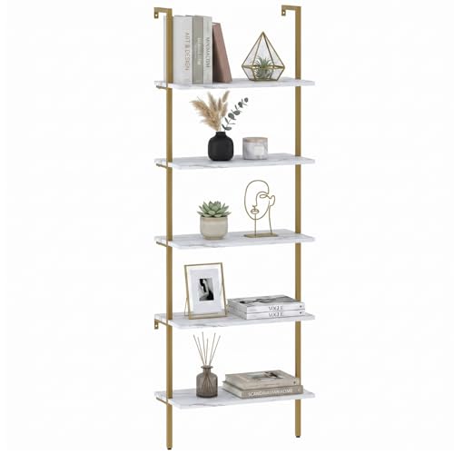 aboxoo Ladder Shelf White Marble Bookshelf 5-Tier Wall-Mounted Wood Rack Industrial Modern Plant Flower Stand Utility Organizer Open Bookcase Metal Frame Furniture Office Kitchen Bedroom - color: White Marble 5-tier, size: 1PC