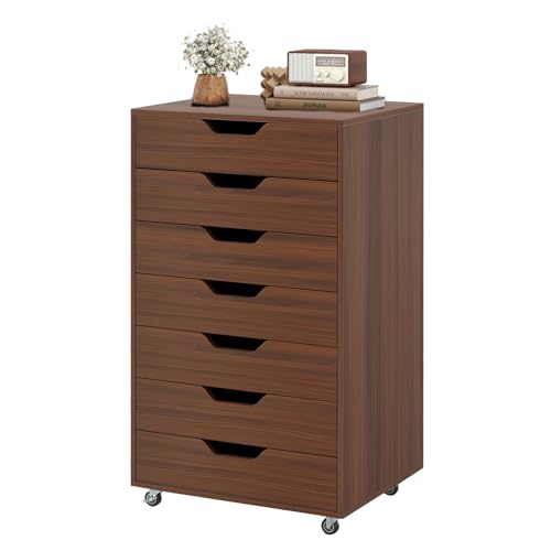 7 Drawer File Cabinet, 34.5" Vertical Storage Drawer Cart, Under Desk Office Organizer, Wooden Printer Stand, Rolling Filing Cabinet for Home Office (Walnut) - color: Walnut, size: 19" x 15.5" x 34.5"
