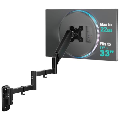 WALI Long Arm Monitor Wall Mount for 17-33 inch Screens, Extra Long Reach Single Wall Mount Monitor Arm, Full Motion Adjustable Vesa Wall Bracket 75x75/100x100mm, up to 22lbs (GSWM001L), Black - color: Black (Single), size: Up to 33”