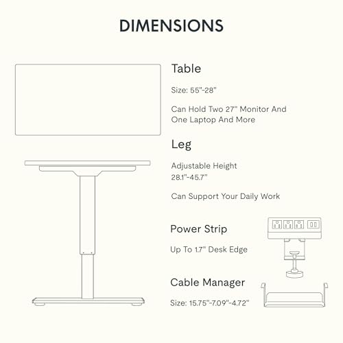 FLEXISPOT EN2 55"x28" Whole-Piece Standing Desk with Power Strip, Black | Whole-Piece Desktop, Easy-Access Clamp Power Strip, Organized Cable Management, Modern Home Office Setup - color: Black Top + White Frame, size: 55x28"