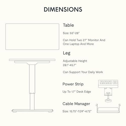 FLEXISPOT EN2 55"x28" Whole-Piece Standing Desk with Power Strip, Black | Whole-Piece Desktop, Easy-Access Clamp Power Strip, Organized Cable Management, Modern Home Office Setup - color: Black Top + White Frame, size: 55x28"