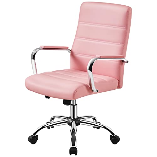 Yaheetech Pink Office Chair PU Leather Swivel Rocking Desk Seat with Arms | Foam-padded channel-stitched PU leather back supports desk hours; chrome frame rocks, adjusts in height, rolls on casters. - color: Pink