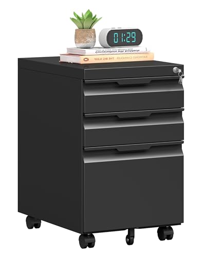 3 Drawer Mobile File Cabinet with Lock, Rolling File Cabinet with Wheels - color: Black, size: 3 Drawer
