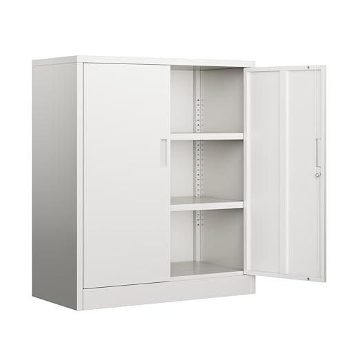 BESFUR Metal Garage Storage Cabinet with 2 Locking Doors and 2 Adjustable Shelves, 36" White Metal Short Storage Cabinet for Home Office, Garage,School,Utility Room - color: White, size: 36"H x 31.5"W x 15.8"D