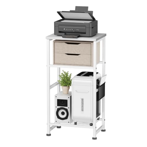 Industrial 3 Tier Printer Stand Fits A4/Letter Size, Home Printer Wood Table with Wire Storage Shelf for Scanner Fax Machine, Heavy Duty Metal, White with Burly Wood Board - color: White