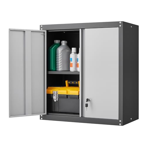GREATMEET Lockable Storage Cabinet, Metal Garage Storage Cabinets, Metal Wall Cabinet for Garage, Wall Mount Cabinet with Lock and Adjustable Shelf, Floating, Black&Grey - color: Black & Grey, size: 28"H