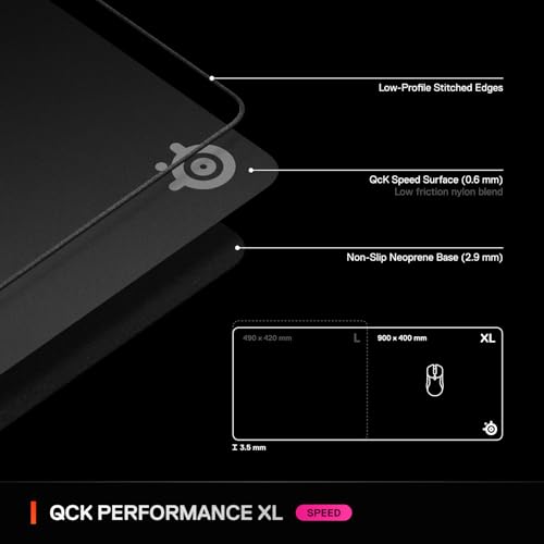 SteelSeries QcK XL Performance Speed Gaming Mousepad — Extra Density for a Smooth Glide — Low-Profile Edge Stitching — Non-Slip Neoprene Rubber Base — 15.75 x 34.43 inch — FPS, MOBAs, RTS, MMO - size: XL, style: Speed