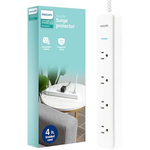 Philips 4-Outlet Surge Protector Power Strip, 4 Ft Braided Extension Cord - style: 4 Outlet
