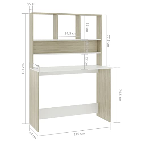 Desk with Shelves, 43.3x17.7x61.8 Inches Engineered Wood Desk in White and Sonoma Oak, Vertical Storage for Small Spaces, Organize Folders Documents and PC Equipment - color: White and Sonoma Oak
