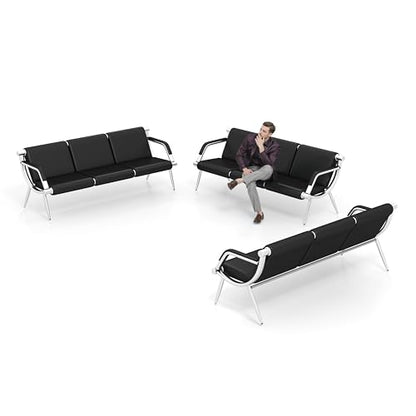 Kinsuite 9-Seat Office Reception Waiting Room Chairs - 3pcs 3-seat Guest & Reception Chairs for Salon Barber Bench Airport Bank Hall Visitor Guest Black PU Leather Office Sofa, Black - size: 3-seat*3