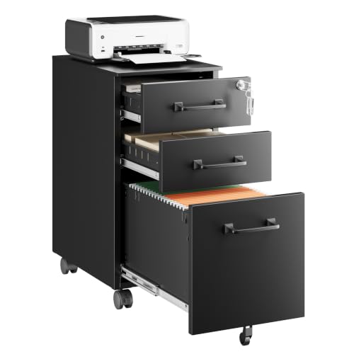 Letaya 3 Drawer Mobile File Cabinet with Lock,Under Desk Metal Filing Cabinets for Home Office Organizer,Small Rolling Printer Stand with Wheels,for Letters/Legal/A4(Assembly Required) (Black) - color: Black, size: 18"D x 12"W x 22"H
