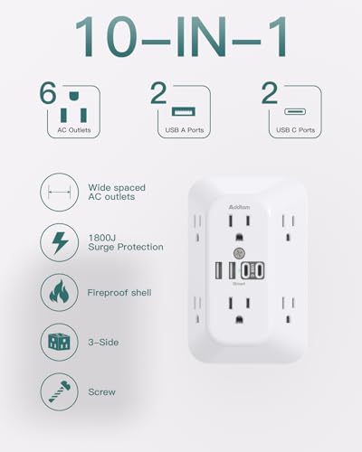 Addtam Surge Protector Outlet Extender with 6 AC and 4 USB Ports(2 USB C) - color: White 1PCS, size: No PD