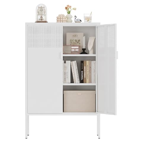 Metal Storage Cabinet,2 Door TV Stand, Metal Mesh Accent Cabinet | Magnetic Door Closure,Low Storage Cabinets with Doors and Shelf for Home,Office,Living Room - color: White, size: 47"H