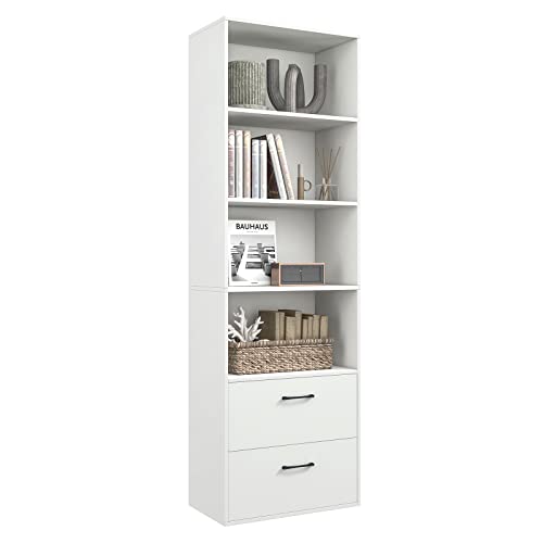 Tangkula 4 Shelf Bookcase with 2 Drawers, 74 Inch 4 Tiers Tall Open Bookshelf with 2 Slide-Out Drawers, Anti-toppling Device, Freestanding Wood Storage Shelf for Home Office (White, 74" H) - color: White, size: 74"H