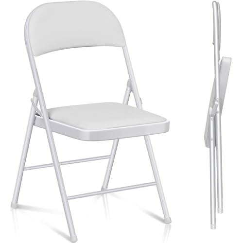 Fenbeli 2 Pack Padded Folding Chairs with Cushion, White PU Leather Foldable Chairs for Dining, Balcony & Spare Guest Pair, 330-Pound Heavy-Duty Steel Frame, Auto-Lock Hinge, Wipe-Clean, Folds Flat - color: White, size: Set of 2