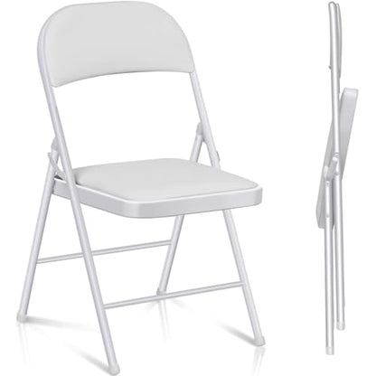 Fenbeli 2 Pack Padded Folding Chairs with Cushion, White PU Leather Foldable Chairs for Dining, Balcony & Spare Guest Pair, 330-Pound Heavy-Duty Steel Frame, Auto-Lock Hinge, Wipe-Clean, Folds Flat - color: White, size: Set of 2