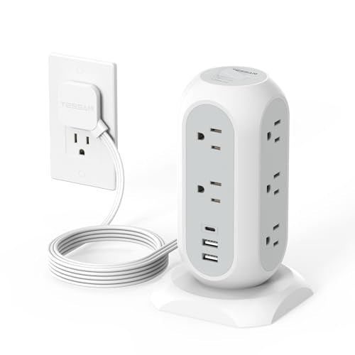 TESSAN Tower Power Strip Flat Plug with 1050J Surge Protection, 6 Ft, Grey | 11 Outlets 3 USB (1 USB C), Surge Protector Power Tower, Extension Cord with Multiple Outlets, Dorm, Office Desk Supplies - color: White, size: 6 Feet