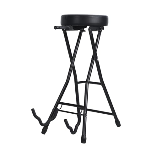 Guitar Stool, Foldable Padded Seat with Built-in Stand & Footrest, Retractable Hook Non-Slip Feet for Acoustic Electric Bass Home Studio Practice (Black-B) - color: Black-b