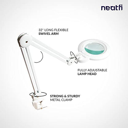 Neatfi XL Bifocal LED Magnifying Lamp, 7" Acrylic Lens, 2.25X/6X, 1,600 Lumens Dimmable | 3 Light Modes, Adjustable Arm & Clamp | Reading, Crafting & Jewelry (White, 7-inch Lens, CCT with Clamp) - color: White