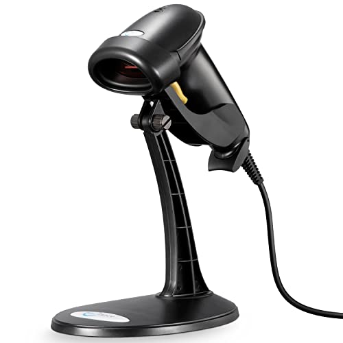 Esky Barcode Scanner with Stand, Wired Handheld Bar Code Scanner with Adjustable Stand, Automatic 1D USB Laser Scanner Support Windows/Mac/Linux for Store, Supermarket, Warehouse, Library - size: 1 Pack