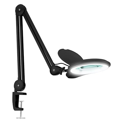 Neatfi LED Bifocal Magnifying Lamp 1,200 Lumens – 5” Glass Lens, Dual Magnification 2.25X/6X, Dimmable | Adjustable Arm with Clamp | Crafting, Jewelry & Reading (5 Diopter + 20 Diopter, Black) - color: Black, size: 5 Diopter + 20 Diopter